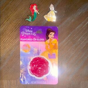 Disney Princess Rose Flavored Lip Gloss and 2 Princess Pins Good Condition